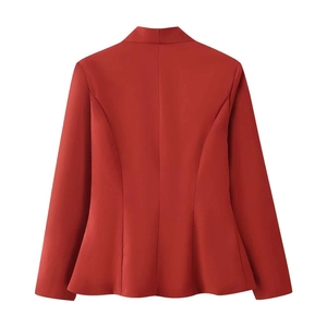 Detailed back view of brick red slim fit blazer showing waistline and premium tailoring