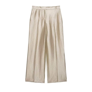 Elegant champagne satin wide-leg trousers with high waist and sharp vertical pleats
