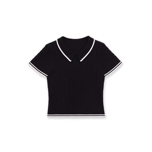 Short sleeve cable knit polo shirt in black with contrasting white trim edges