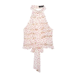 Polka dot halter sleeveless top with layered ruffles and long ribbon ties in beige