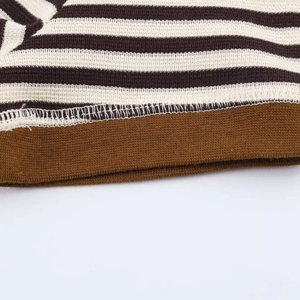 Close-up of the striped knit fabric texture with dark brown ribbed hem detail