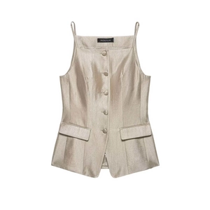 Elegant champagne satin vest top with square neck, thin straps and front buttons