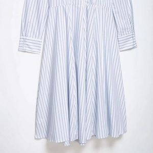 Blue and white vertical striped shirt dress with a waist-cinching A-line pleated skirt