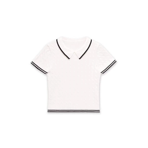 Short sleeve white cable knit polo shirt with contrast black trim and hollow details