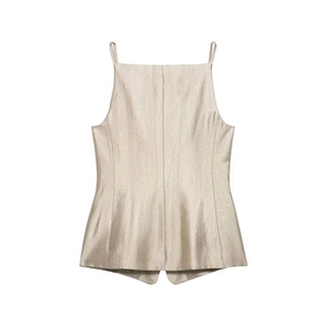 Elegant champagne satin camisole top with thin straps and metallic silk texture
