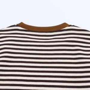 Close-up of the ribbed crew neck and brown striped knit texture on a short sleeve T-shirt
