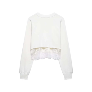 Detailed close-up of white cropped sweatshirt featuring exquisite lace patchwork hem