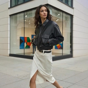 Veste Bomber en Similicuir Décontractée pour Femme Noir Manches Longues Manteau Court Avec Grandes Poches Bord-Côte Mode Streetwear