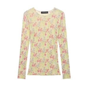 Haut à Manches Longues en Tricot Nervuré à Imprimé Floral pour Femme Élégant Col Rond Léger Transparent Blouse