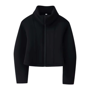 Women Standing Collar Zipper Short Jacket Scuba Fabric Casual Loose Long Sleeve Outerwear Sporty Versatile Plain Coat