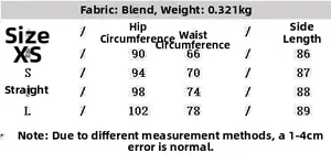 Tableau des tailles détaillé pour pantalons larges femmes avec mesures XS à L et tissu