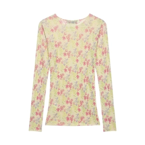Haut élégant en tricot à manches longues beige avec motifs floraux roses et col rond