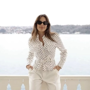 Vintage polka dot long sleeve shirt with waist tie and chest pockets in white for women