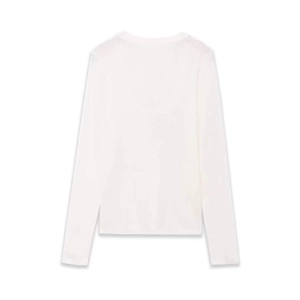Slim fit white knit long sleeve top with a deep round neck, back view on white background