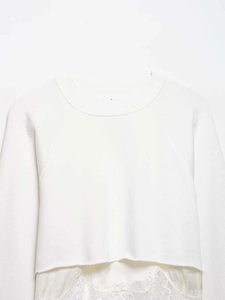 Detail of white two-piece layered sweatshirt featuring delicate eyelash lace hem trim