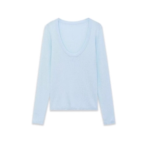 Slim fit light blue long sleeve knit top with deep U-neckline on plain white background