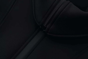 Close-up of sleek black stand collar jacket featuring high-quality zipper detail
