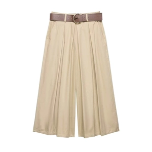 Pantalon large kaki pour femme à taille haute avec ceinture marron vintage et plis