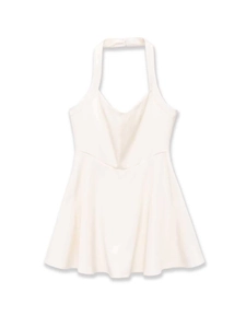 Detail view of white halter neck mini dress with V-neckline and A-line silhouette