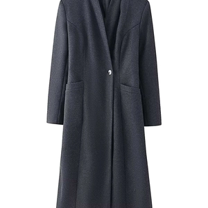Classic dark grey wool blend overcoat with notched lapel and single button closure