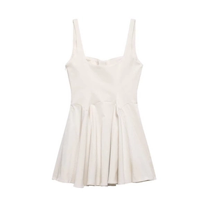 Elegant apricot sleeveless mini dress with square neckline and pleated hem for summer fashion