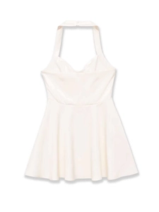 Detail of white halter neck mini dress featuring smooth fabric and elegant A-line silhouette