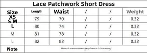 Size chart for lace patchwork short dress showing length and waist from XS to L