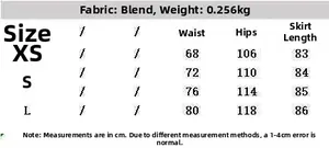 Detailed size chart for minimalist plaid skirt with waist and hip measurements in cm