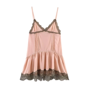 Women's Sexy Lace Splicing Mini Cami Dress Sleeveless V-Neck Pleated Pink Slim Fit Satin Look Polyester Summer Dress
