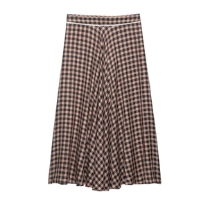 Women Summer Vintage Plaid Midi Skirt High Waist A-Line Long Skirt With Lace Trim Classic Check Pattern Casual Bottoms