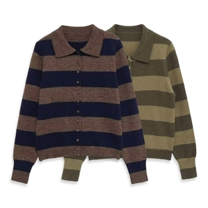 Vintage Striped Knit Polo Sweater Long Sleeve Button Down Casual Pullover Top For Women Retro Knitted Jumper Fashion Style
