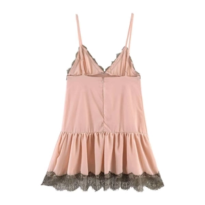 Peach pink lace patchwork mini camisole dress with V-neck and ruffled hem detail