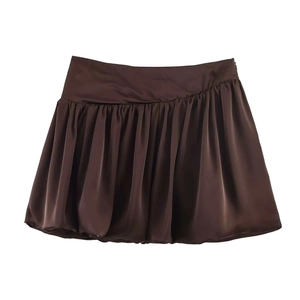 Mini-jupe en Satin à Taille Haute pour Femmes Plissée Froncée Ourlet Boule Brun Foncé Style Vintage Français Été Jupe Courte