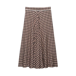 Classic A-line plaid maxi skirt with delicate white lace trim and pink black check pattern