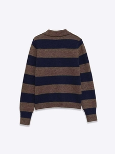 Detailed back view of a long-sleeved polo knit sweater with blue and brown stripes