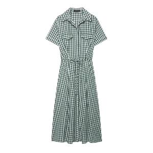 Women Gingham Shirt Dress Short Sleeve Lapel Button Up Green White Checkered Midi Dress With Belt Casual Summer A-Line Robe
