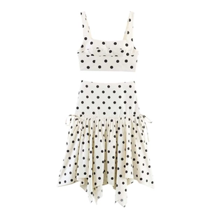 Damen Vintage Polka Dot Polyester Top Und Bottom Set Eckiger Ausschnitt Crop Tank Top Und Asymmetrischer Saum Midi Rock Sommer Outfit