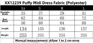 Detailed size chart for polyester midi dress showing bust waist and length measurements