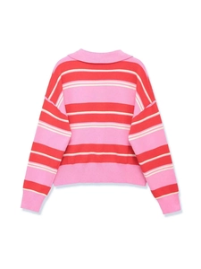 Close-up of the polo collar and colorful pink, red, and white striped knit texture