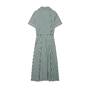 Back view of a green and white gingham shirt dress with short sleeves and matching belt