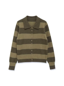 Detailed close-up of retro striped knit cardigan with polo collar and green color-block design