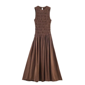Women's Casual Smocking Sleeveless Midi Dress Round Neck Ruched Waist Solid Brown Polyester Flowy Summer A-Line Dress