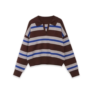 Women's V-neck striped knit sweater in brown, grey and blue with ribbed hem