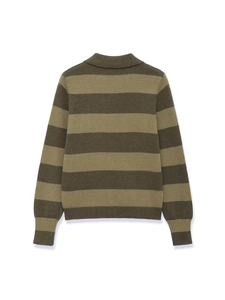 Detailed flat lay of striped knit sweater featuring a retro polo collar and ribbed cuffs