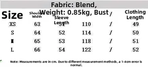 Detailed size chart for vintage denim jacket with measurements from XS to L