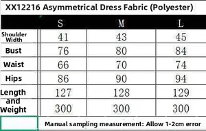 Size chart table for slimming asymmetric off-shoulder pleated dress showing measurements