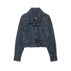 Vintage Dark Gray Washed Denim Jacket For Women Cropped Water Ripple Texture Long Sleeve Lapel Casual Button Up Coat