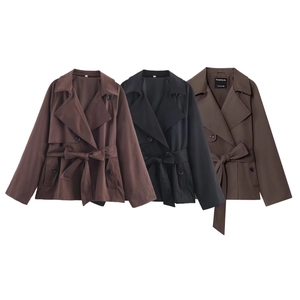 Trench Corto Doppiopetto da Donna Slim Fit con Revers Giacca Antivento con Cintura Tinta Unita Ufficio Quotidiano Capispalla