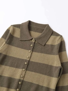 Detail of lapel collar and brown striped knit cardigan with color-matched buttons