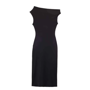 Detailed flat lay of black slim fit one-shoulder midi dress with ruched texture